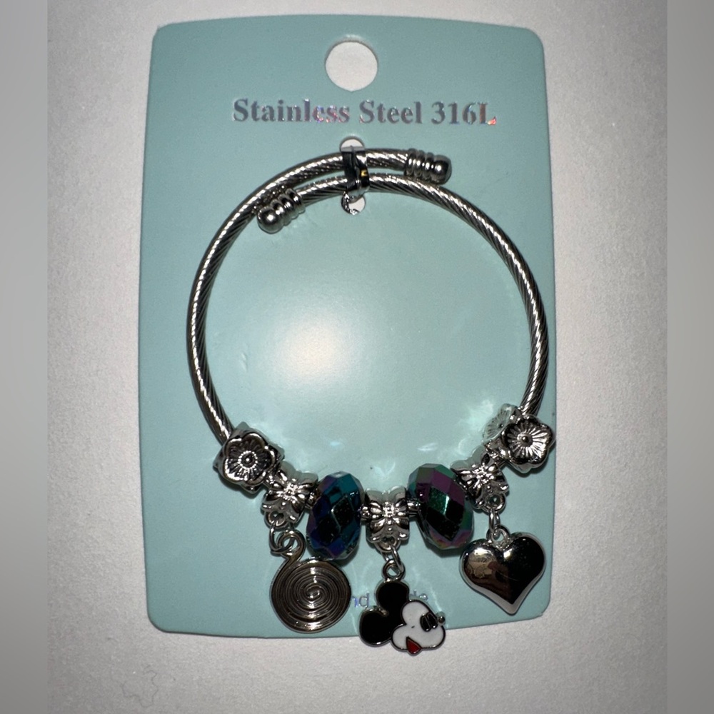 Stainless Steel Silver Charm Bracelet with Heart and Mickey Mouse Charms